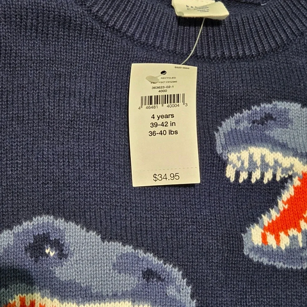 Baby Gap Boys Navy Blue Dinosaur T-Rex Intarsia Knit Sweater 4T New With‎ Tags